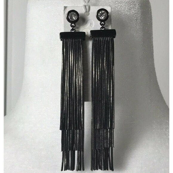 Soo Inh Kim Laine Pierced Post Earrings Black Chain Tassel Fringe Rhinestone - Picture 1 of 7